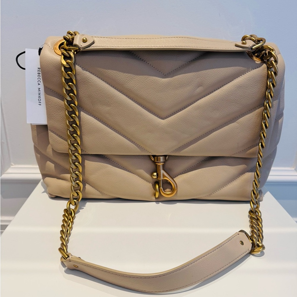 Rebecca Minkoff Maxi Beige and Gold Quilted Leather Shoulder Bag